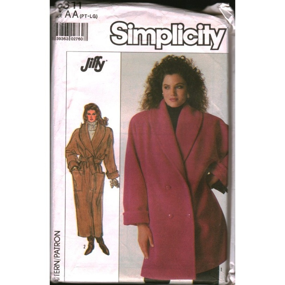 Simplicity 8311 Jiffy Vintage 80s Sewing Pattern Misses Lined Coat‎ Shawl Collar